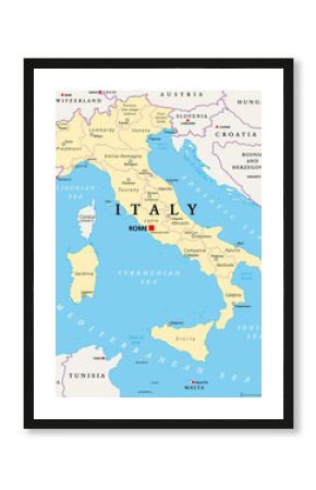 Italy, political map, administrative divisions. Italian Republic with capital Rome, 20 regions and their capitals, international borders and neighbor countries. English labeling. Illustration. Vector.