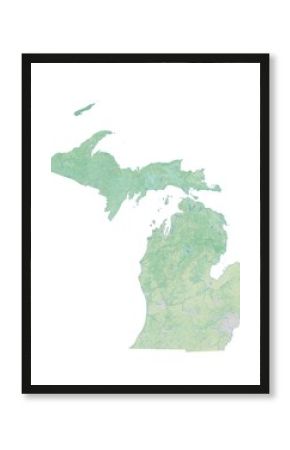 High resolution topographic map of Michigan with land cover, rivers and shaded relief in 1:1.000.000 scale.