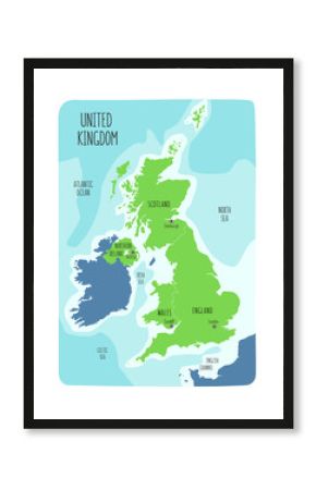 Hand drawn map of the United Kingdom including England, Wales, Scotland and Northern Ireland and their capital cities.
