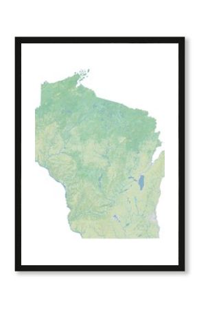 High resolution topographic map of Wisconsin with land cover, rivers and shaded relief in 1:1.000.000 scale.