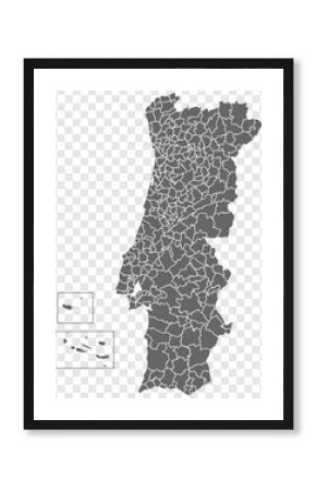 Blank map of Portugal. Departments of Portugal map. High detailed gray vector map of Portugal on transparent background with Madeira and Azores. Stock vector. EPS10.