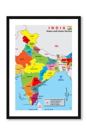 India map. States and union territories of India. India political map with capital New Delhi, national borders, important cities, rivers and lakes. English labeling and scaling with details.