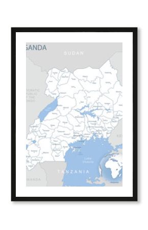 Blue-gray detailed map of Uganda and administrative divisions and location on the globe.