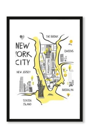 New York map flat cartoon hand drawn vector illustration. Areas of New York on a decorative map for tourist guide and promo gift . NY travel, trip comic infographic poster, banner concept design