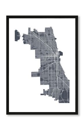 Chicago map. Detailed map of Chicago city poster with streets. Dark vector.