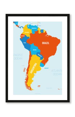South America map - 4 bright color scheme. High detailed political map South American continent with country, ocean and sea names labeling