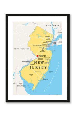 New Jersey, NJ, political map with capital Trenton. State in the Mid-Atlantic region of northeastern United States of America. The Garden State. Most densely populated US state. Illustration. Vector.