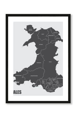 The Wales isolated map divided in regions with labels