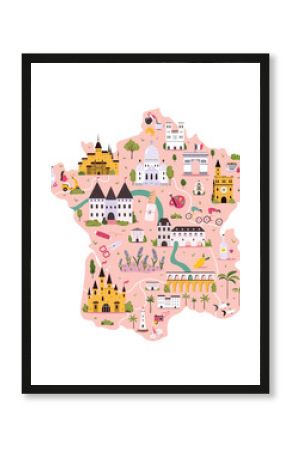 France hand drawn vector map with famous symbols, landmarks of the country.