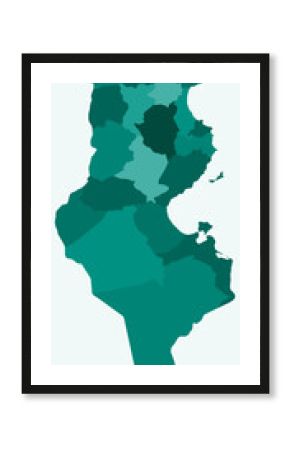 Map of Tunisia with regions. Just a simple country border map with region division. Teal color palette. Blank Tunisia shape with administrative division. Vector illustration.
