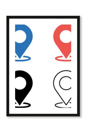 Illustration of four location pin icons in blue red black and outline on a white background