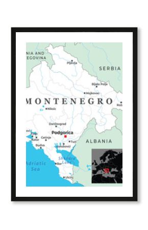Political map of Montenegro displaying major cities, coastal zones along the Adriatic Sea, and neighboring borders within Southeast Europe