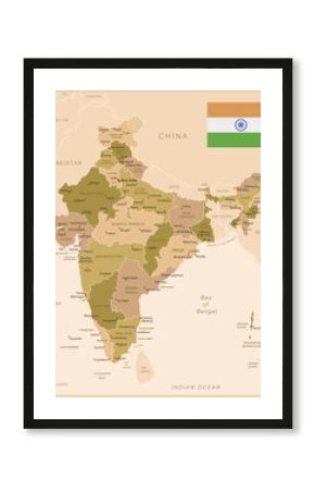 India - detailed map of the country in brown colors, divided into regions. Vector illustration