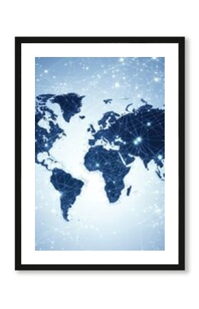 The design features an abstract world map with intricate details, showcasing global network connections, set against a bright white backdrop