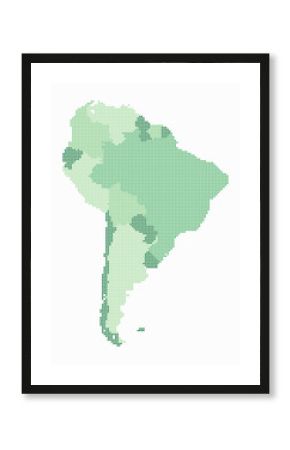 South America dotted map. Digital style map of the continent on white background. South America shape with square dots. Colored dots style. Small size squares. Amazing vector illustration.