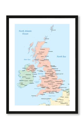 Political map focusing on the United Kingdom and Ireland, highlighting their major cities, regional divisions (England, Scotland, Wales, and Northern Ireland), and surrounding seas.