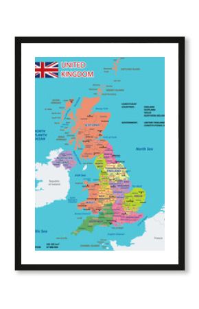 Political and administrative vector map of Great Britain. Cities, counties and regions of the United Kingdom. Detailed map of England, Scotland and Ireland