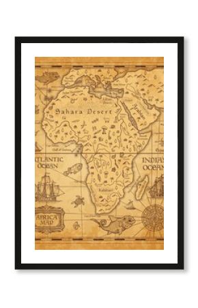 Antique map of Africa on old parchment. Vector African continent with islands, sea and oceans, mountains, deserts and rivers, vintage sail ship, boat, nautical compass rose and ancient monster fish