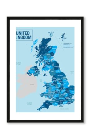 United Kingdom country region political map. High detailed vector illustration with isolated provinces, departments, regions, counties, cities and states easy to ungroup.