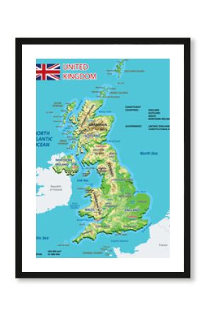 Physical map of the United Kingdom. High detailed map of England, Scotland and Ireland with labeling. Vector illustration.