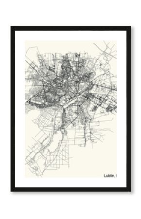 Detailed navigation urban street roads map on vintage beige background of the Polish regional capital city of Lublin, Poland