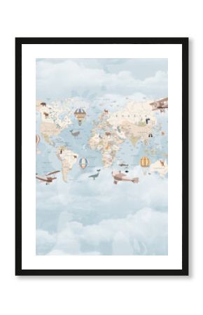 Children's map of the world in English. Detailed world map with the names of countries and capitals, with animals, airplanes and balloons. Children's educational photo wallpaper with the world map on 