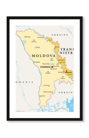 Moldova and Transnistria, political map. Republic of Moldova, with capital Chisinau, and the Pridnestrovian Moldavian Republic, PMR, a disputed and unrecognized breakaway state, with capital Tiraspol.