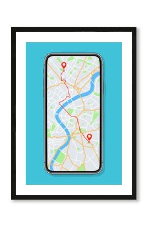 Phone with map and gps with location on screen. Mobile smartphone app with map of roads and pin with navigator of city. Vector. Application of street search and route navigation icons in town