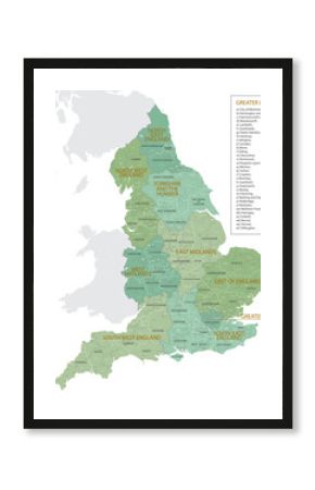 Detailed map of England with administrative divisions into regions, counties and districts, major cities of the country, vector illustration onwhite background