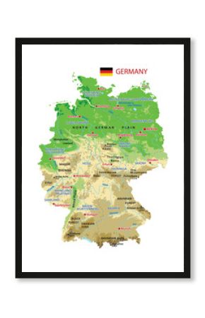 High detailed Germany physical map with regions, rivers, lakes, mountains and topography - Vector illustration