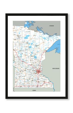 High detailed Minnesota road map with labeling.