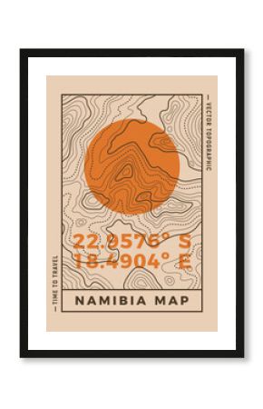 Travel poster of topographic line map. Vector line pattern of geographic map countour. Outline pattern of Namibia coordinates. Topography map background.