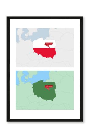 Poland map with pin of country capital. Two types of Poland map with neighboring countries.
