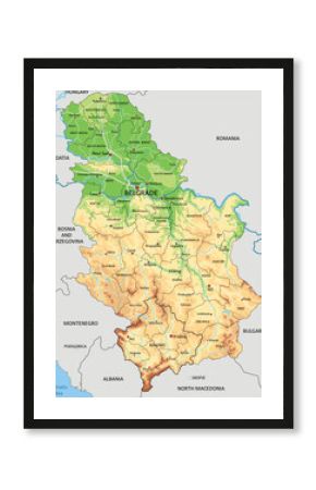 Highly detailed Serbia physical map with labeling.