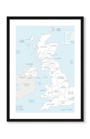 Vector map of UK with administrative divisions, and neighbouring countries. Editable and clearly labeled layers.