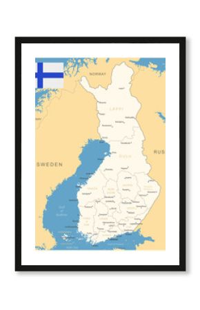 Finland - detailed map with administrative divisions and country flag. Vector illustration