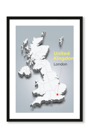 United Kingdom 3d map with borders of regions and it’s capital