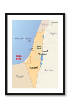 Israel map with its capital Jerusalem, Highlighted Gaza strip, with neighbour countries