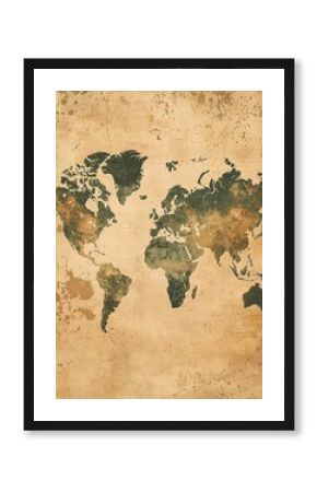 Vintage map of the world with a rustic texture, suitable for educational or travelthemed wall art.