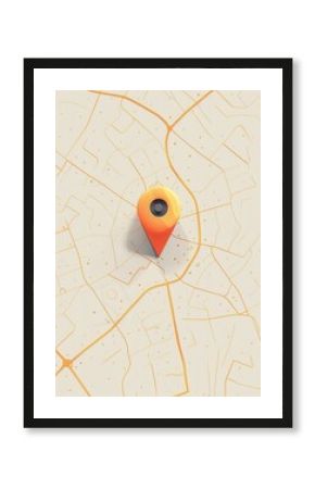 A simple, minimalist image of a bright orange location pin on a clean white map with yellow lines representing streets. Perfect for navigation apps and travel websites. Generative AI