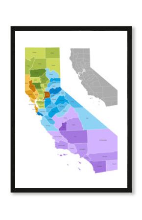 Mapa hrabstw stanu Kalifornia z granicami i nazwami