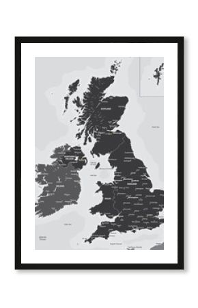 Black and white map of the UK and Ireland