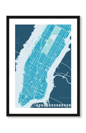 New York Map - Lower and Mid Manhattan.  Highly detailed vector map including all streets, parks, names of subdistricts, points of interests, labels, neighborhoods. 