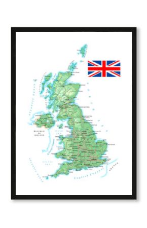 United Kingdom - detailed topographic map - illustration. Map contains topographic contours, country and land names, cities, water objects, flag, roads, railways.  