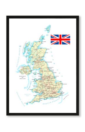 United Kingdom - detailed map - illustration. Map contains topographic contours, country and land names, cities, water objects, roads, railways.