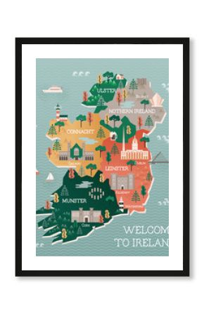Travel map of Ireland with landmarks and cities