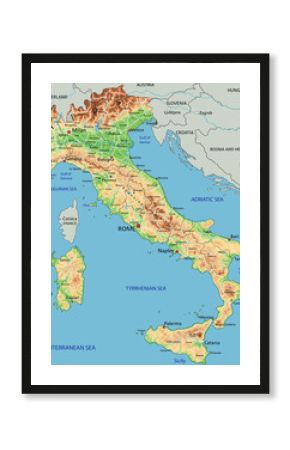 High detailed Italy physical map with labeling.