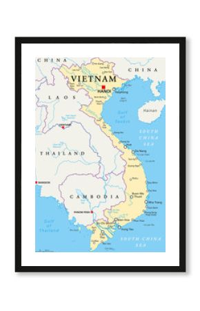 Vietnam political map with capital Hanoi, national borders, important cities, rivers and lakes. English labeling and scaling. Illustration.