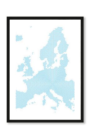 Europe map radial dot pattern. Blue dots going from the center outwards and form the silhouette of the European Union area. Illustration on white background.