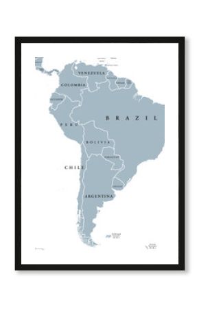 South America countries political map with national borders. Continent surrounded by Pacific and Atlantic Ocean. English labeling. Illustration.